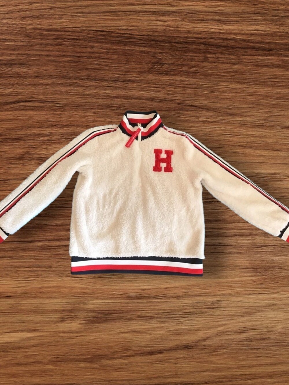 Tommy Hilfiger Cream Fleece 1/4 Zip Pullover with Red & Navy Trim